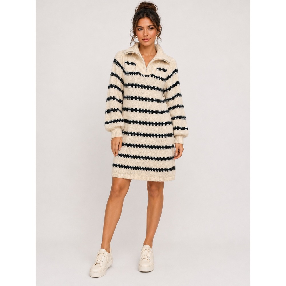 Pieces Womens Striped Quarter Zip Sweater Dress Cream Black  S Balloon Sleeve
